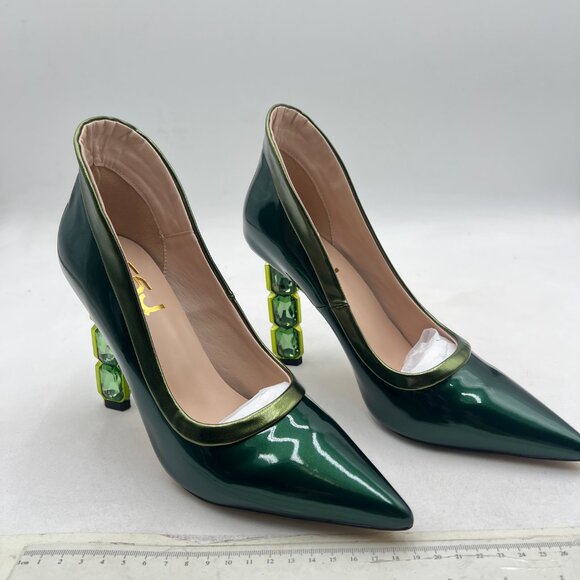 FSJ Green Pointed Toe Slip On Crystal Gorgeous Three Diamonds High Heel Pumps - Picture 4 of 8